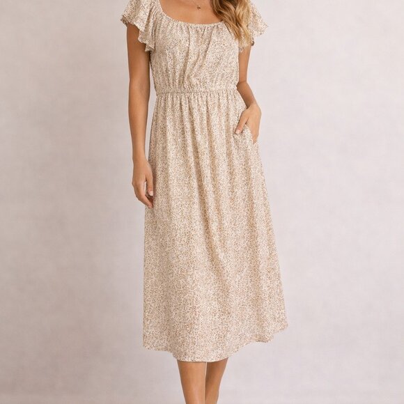 NWOT All in Favor Floral Midi Dress in Cream and Brown Sz S - Picture 9 of 9